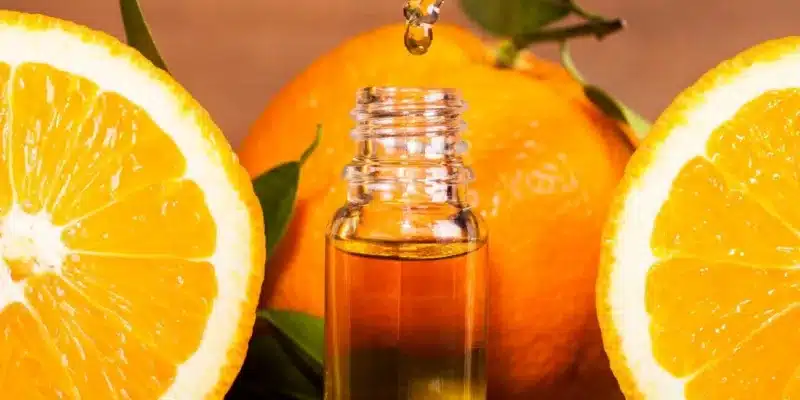 Gota de aceite esencial de Petitgrain sobre naranjas